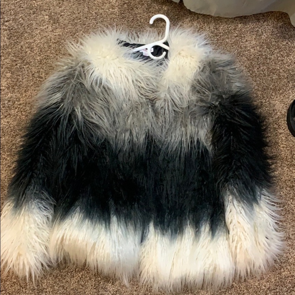 Faux fur jacket, black white and gray striped